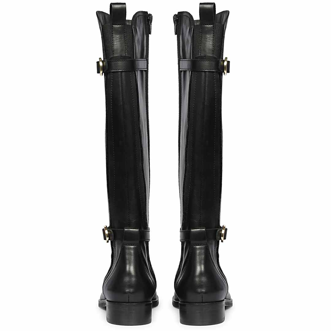 Saint Darla Dual Gold Buckle Accents Black Leather Long Boots