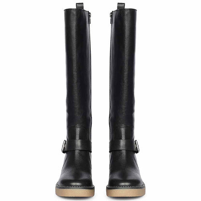 Saint Dahlia Silver Buckle Black Leather Long Boots