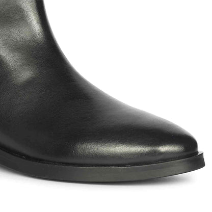 Saint Reese Black Leather Gold Buckle Decor Ankle Boots