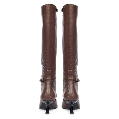 Saint Elara Buckle Embellished Brown Leather Long Boots