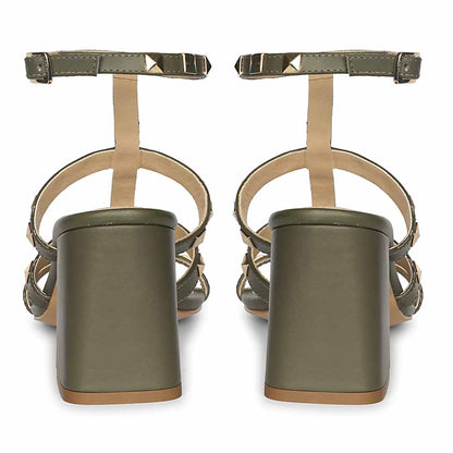 Saint Angela Gold Studs Olive Leather Block Heels
