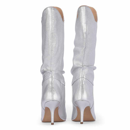 Saint Nayeli Silver Metallic Leather Calf Length Slouch Boots
