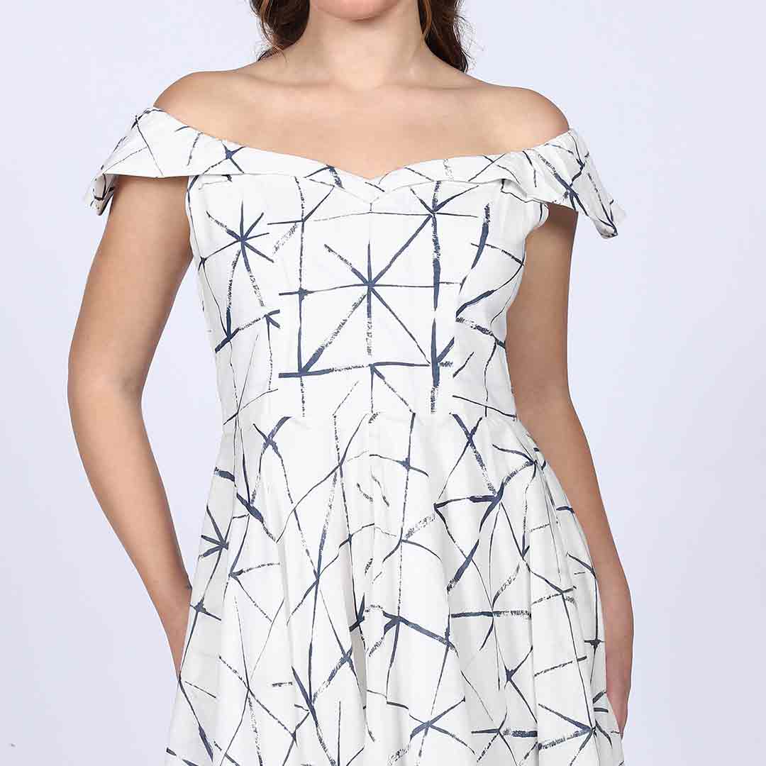 Saint Delfina Womens White Indigo Off Shoulder Cotton Maxi Dress