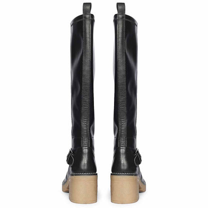 Saint Dahlia Silver Buckle Black Leather Long Boots