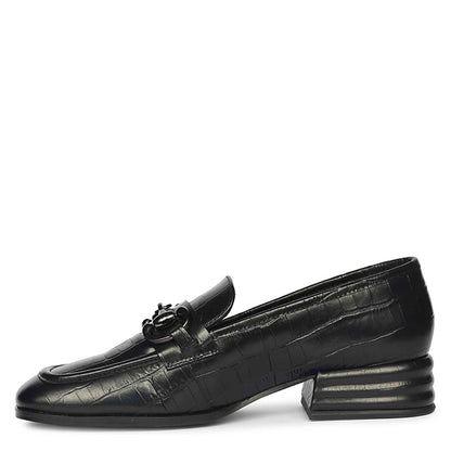 Saint Jacqueline Croc Embossed Black Leather Moccasins