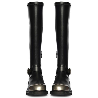 Saint Ember Metal Toe Buckle Strap Black Stretch Napa Long Boots