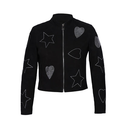 Saint Venessa Stone Embossed Black Leather Women Biker Jackets