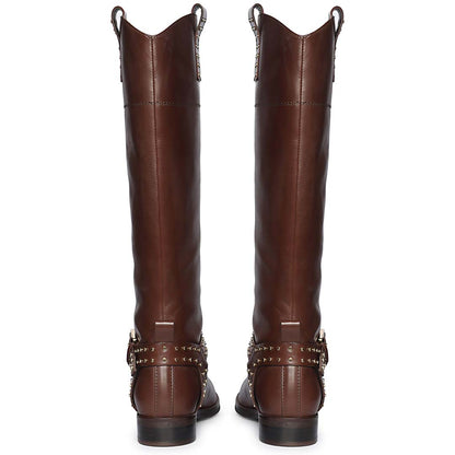 Saint Soraya Studded Buckle Brown Leather Long Boots