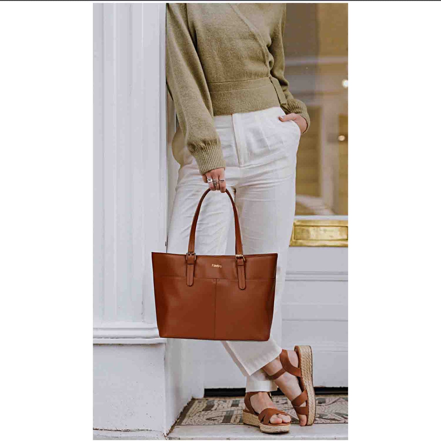 Favore Tan Leather Structured Shoulder Bag