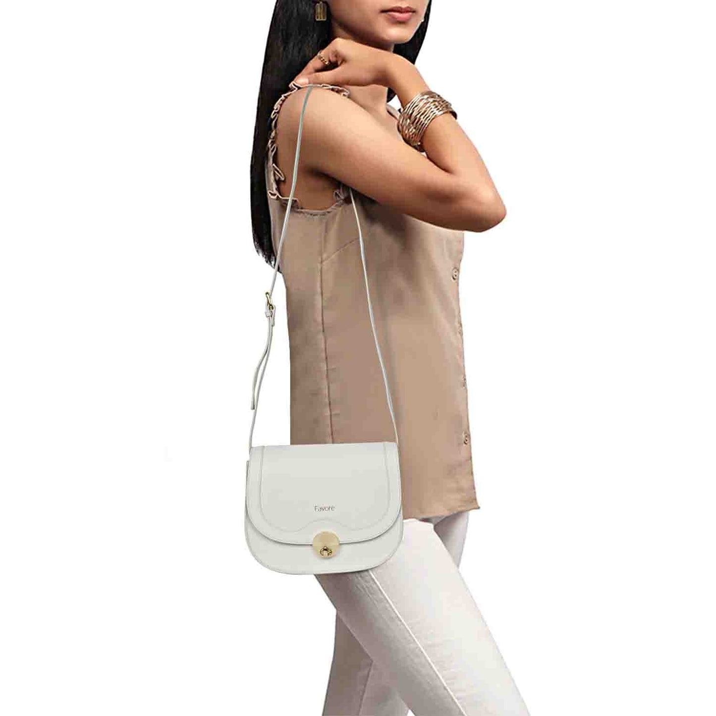 Favore Off White Womens  Leather Structured Sling Bag