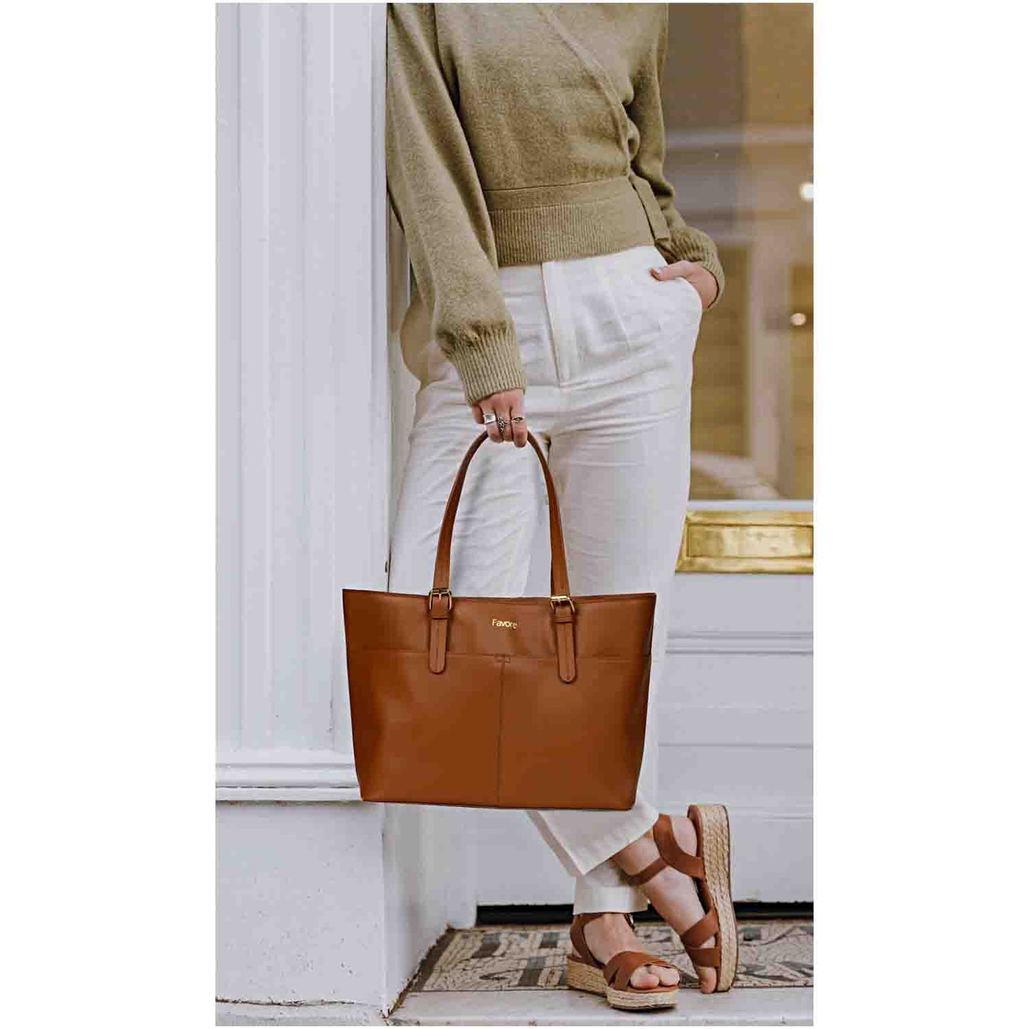 Favore Tan Leather Structured Shoulder Bag