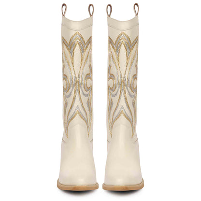Saint Martina Off White Stitched Leather Cowboy Boots