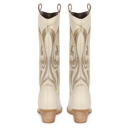 Saint Martina Off White Stitched Leather Cowboy Boots
