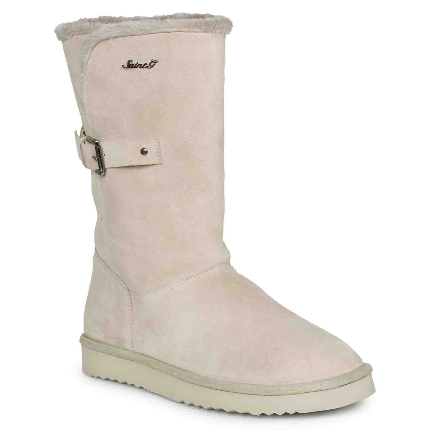 Chic ivory suede boots with decorative buckle, crafted by Saint Aurelia for snug comfort and style