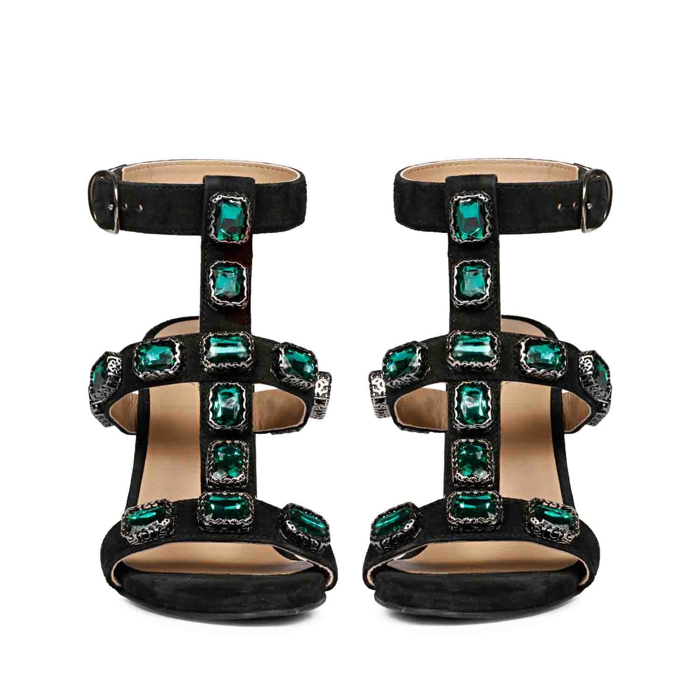 Saint Shirley Heels: Black Leather, Stylish Green Stone Embellishments