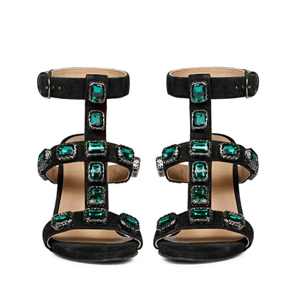 Saint Shirley Heels: Black Leather, Stylish Green Stone Embellishments