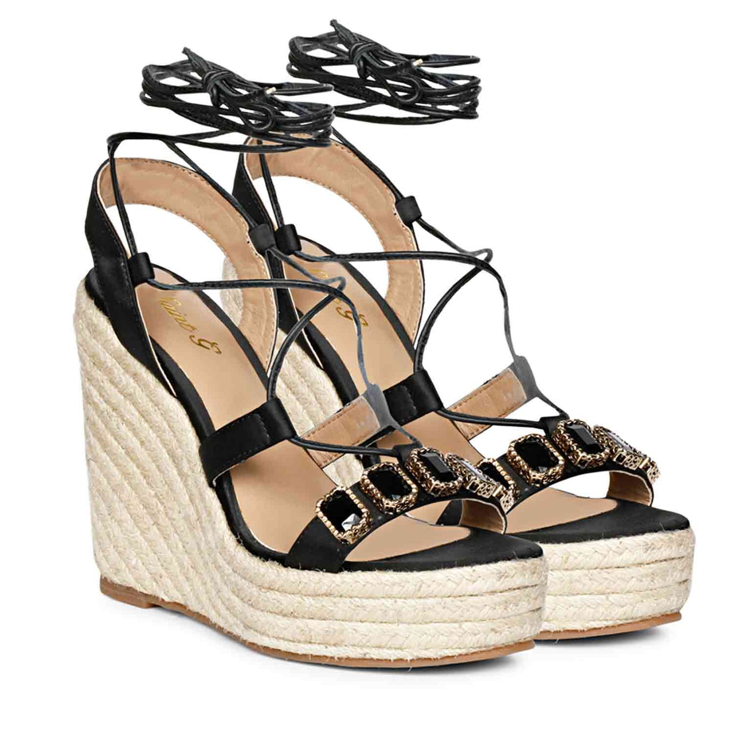 Black Leather Wedges with Glam Stone 