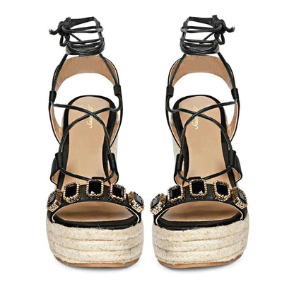 Black Leather Wedges with Glam Stone 