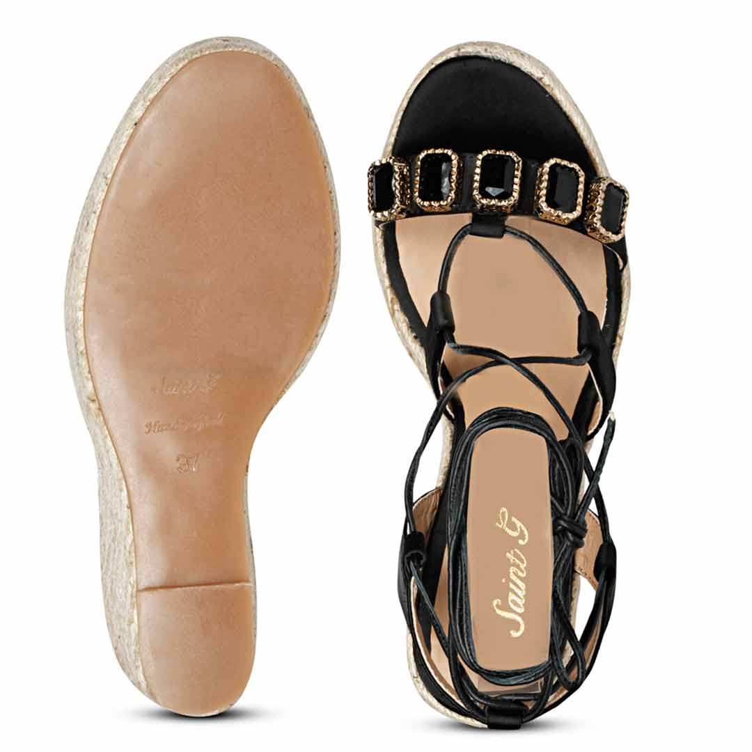 Black Leather Wedges with Glam Stone 