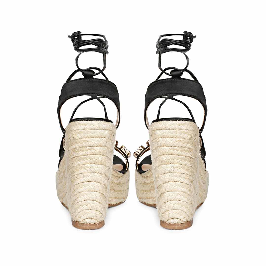 Black Leather Wedges with Glam Stone 