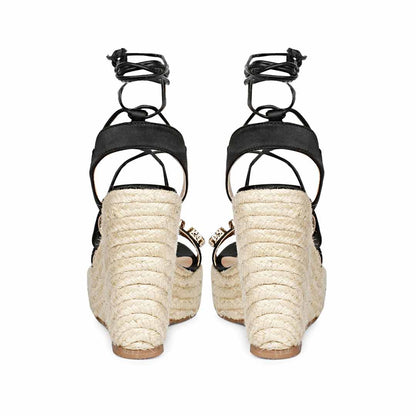 Black Leather Wedges with Glam Stone 