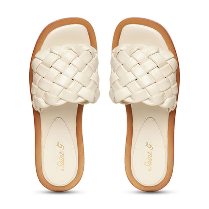 Saint Edetta White Woven Leather Sliders