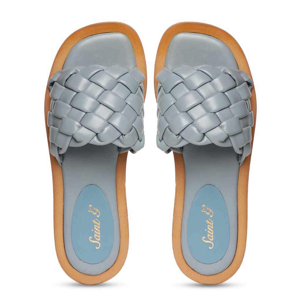 Saint Edetta Blue Woven Leather Sliders