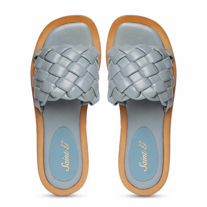 Saint Edetta Blue Woven Leather Sliders