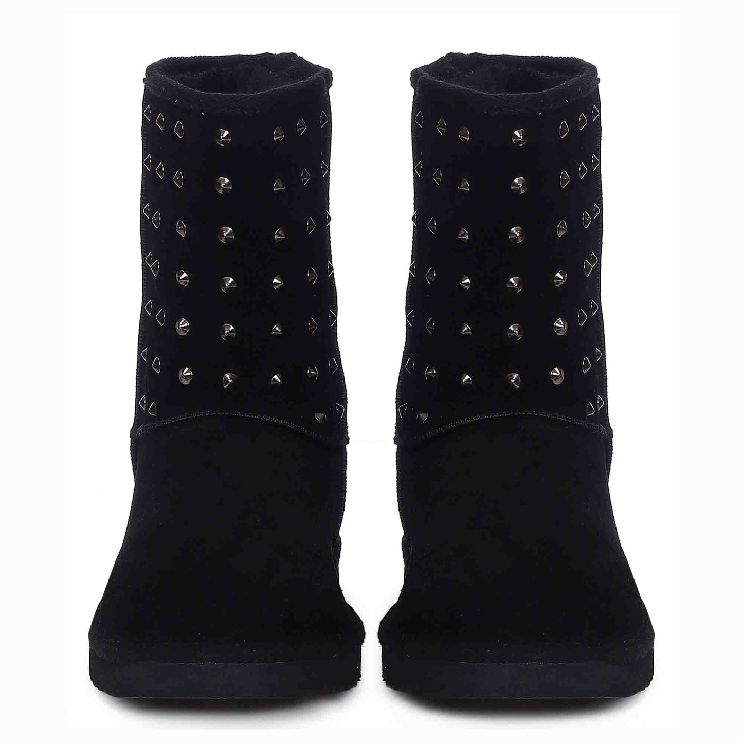 Chic and edgy Saint Estrella Metal Studded Black Suede Snug Boots – your stylish statement for a bold and comfortable stride