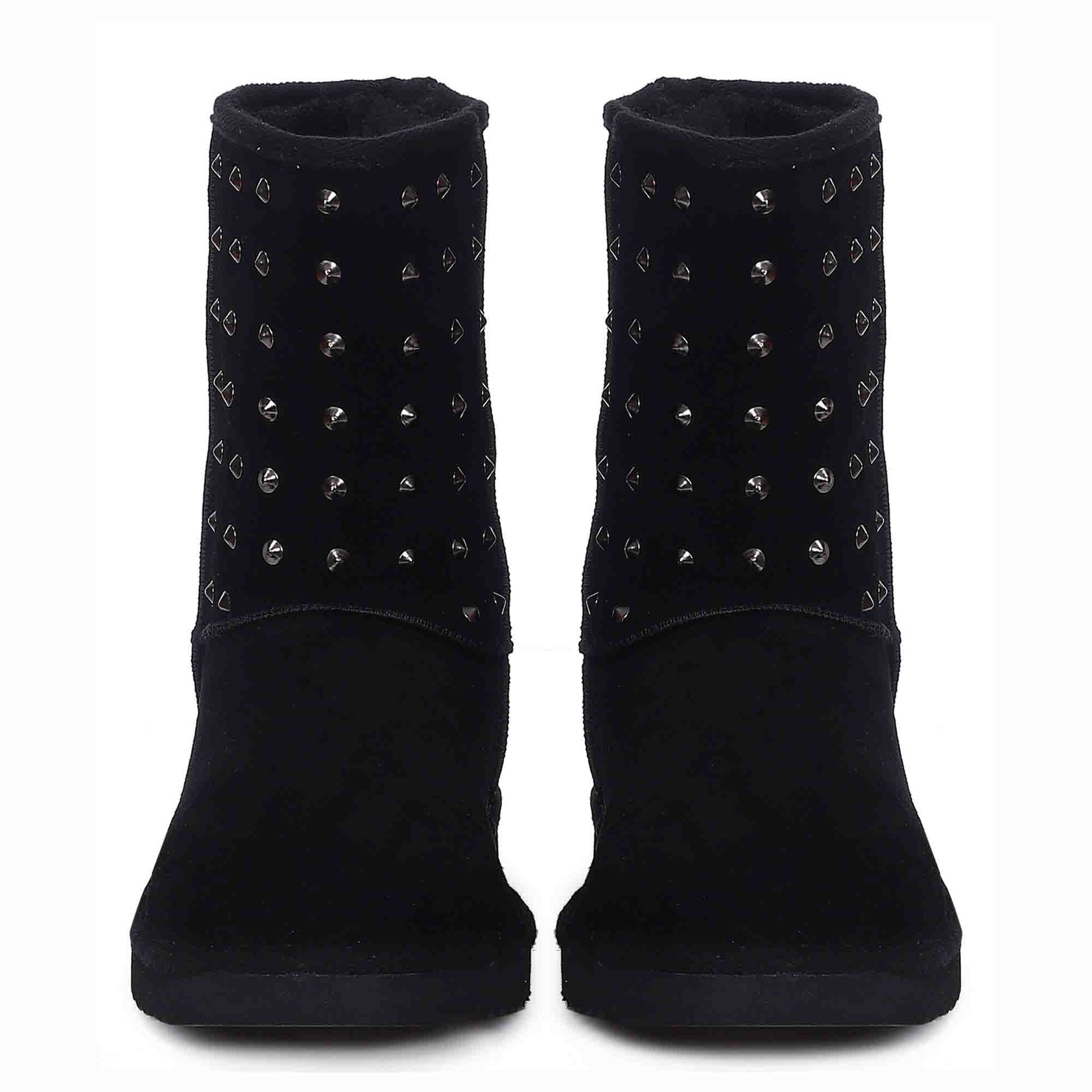 Chic and edgy Saint Estrella Metal Studded Black Suede Snug Boots – your stylish statement for a bold and comfortable stride