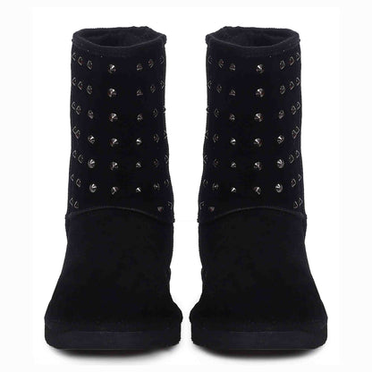 Chic and edgy Saint Estrella Metal Studded Black Suede Snug Boots – your stylish statement for a bold and comfortable stride