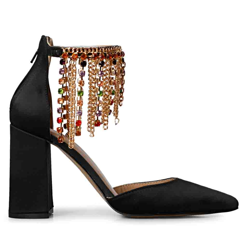 Chic and classy: Saint Fayette's black satin block heels featuring stunning stone-studded chain embellishments