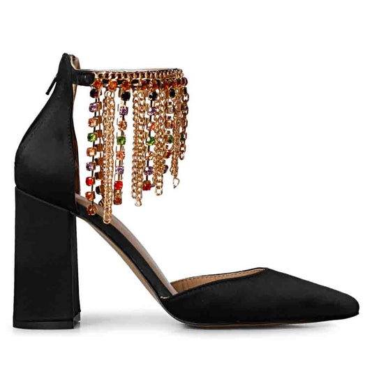 Chic and classy: Saint Fayette's black satin block heels featuring stunning stone-studded chain embellishments