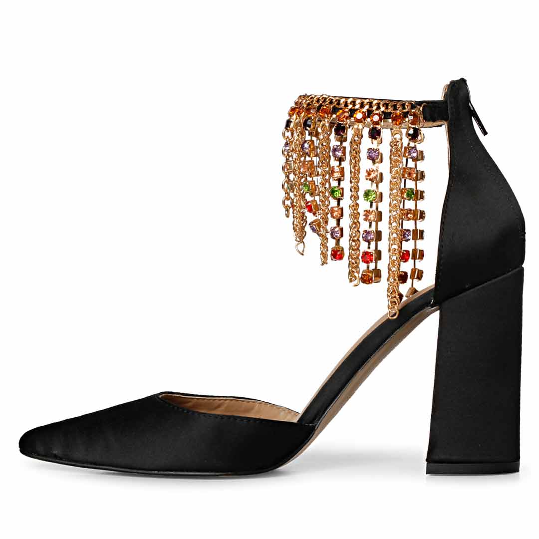 Chic and classy: Saint Fayette's black satin block heels featuring stunning stone-studded chain embellishments