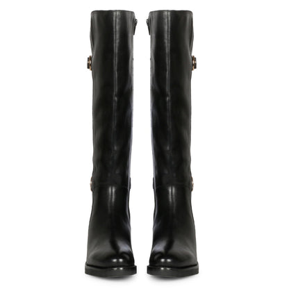 Saint Bijoy Buckle Decorative Black Leather Long Boots