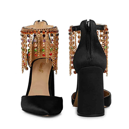 Chic and classy: Saint Fayette's black satin block heels featuring stunning stone-studded chain embellishments