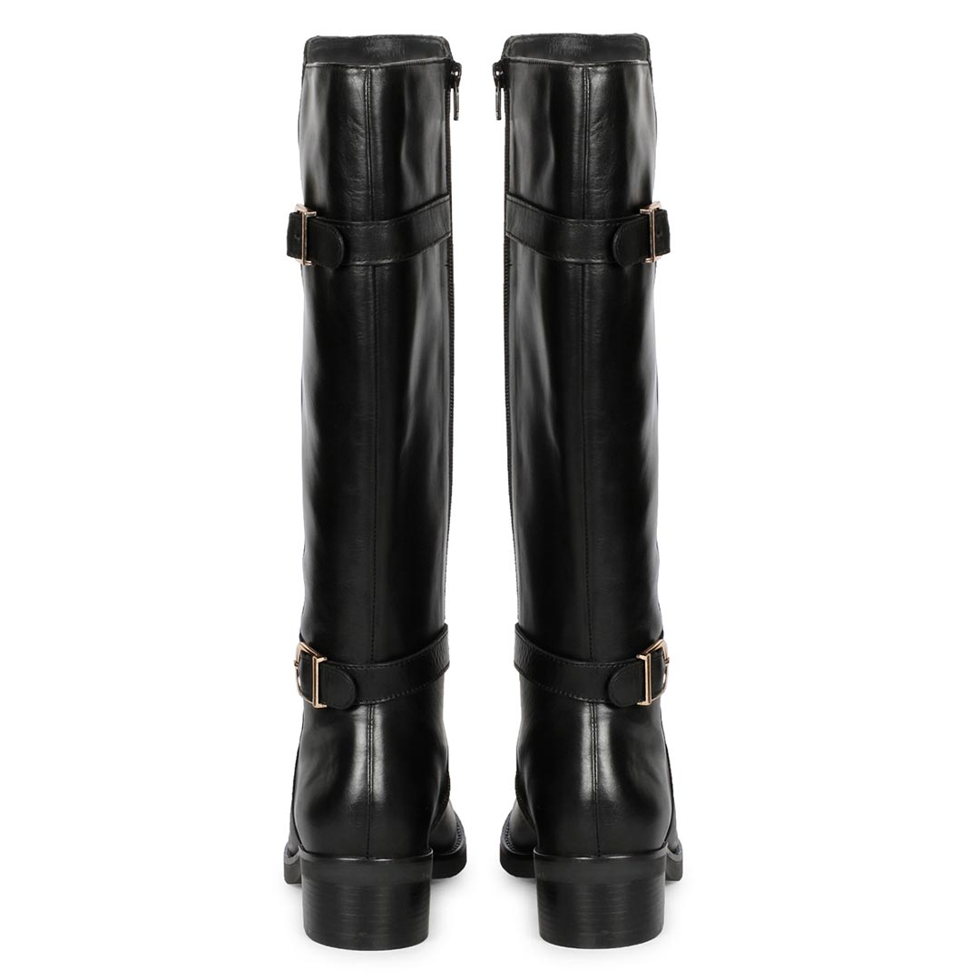 Saint Bijoy Buckle Decorative Black Leather Long Boots