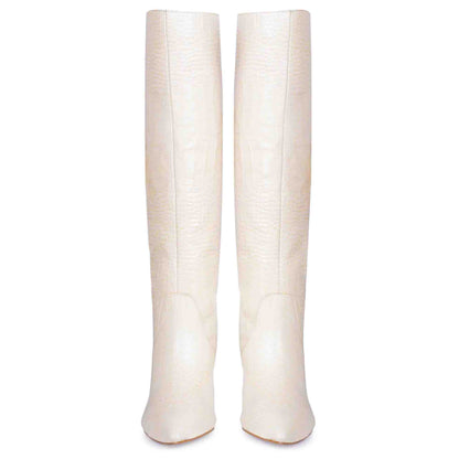 Saint Adella Croc Embossed Off White Leather Long Boots