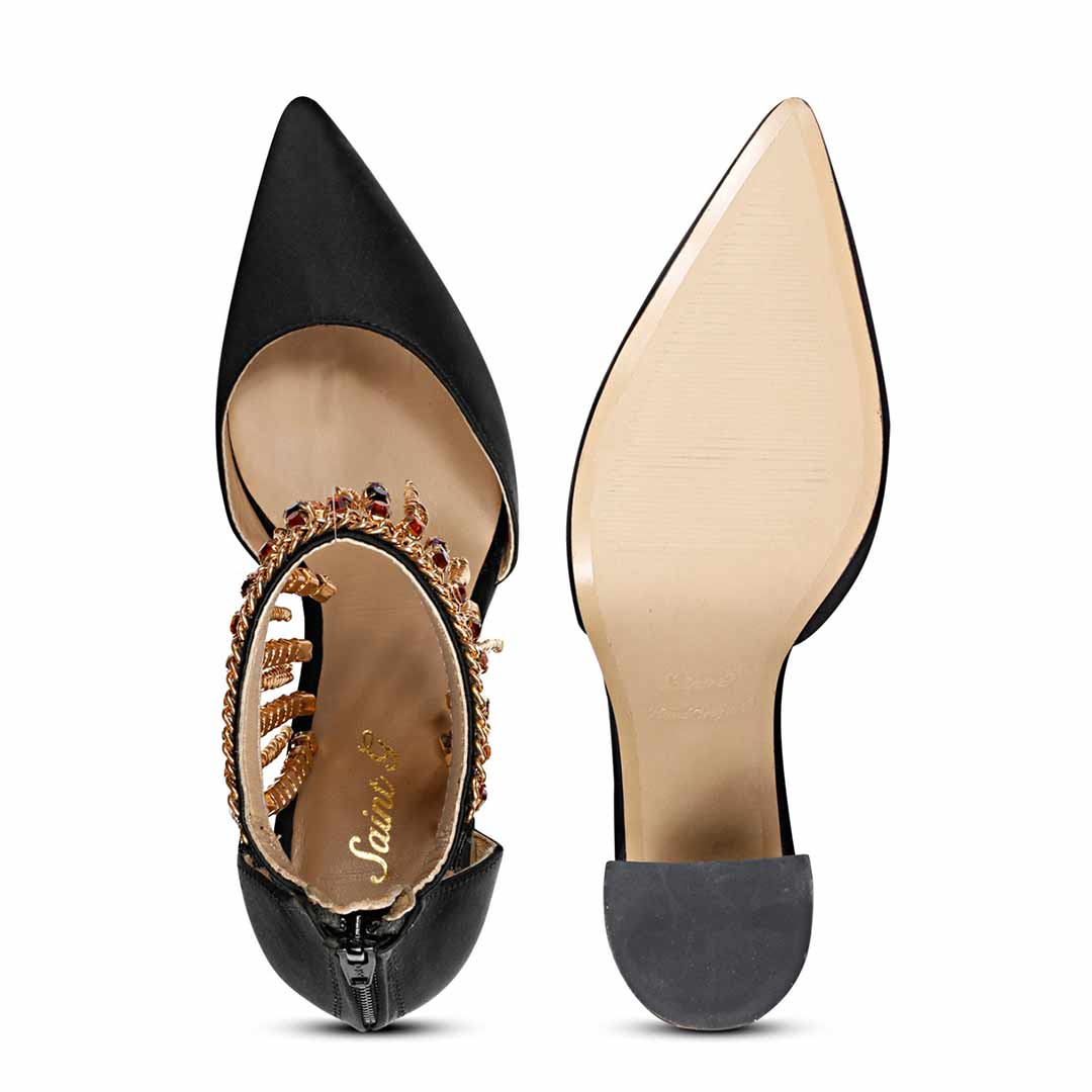 Chic and classy: Saint Fayette's black satin block heels featuring stunning stone-studded chain embellishments
