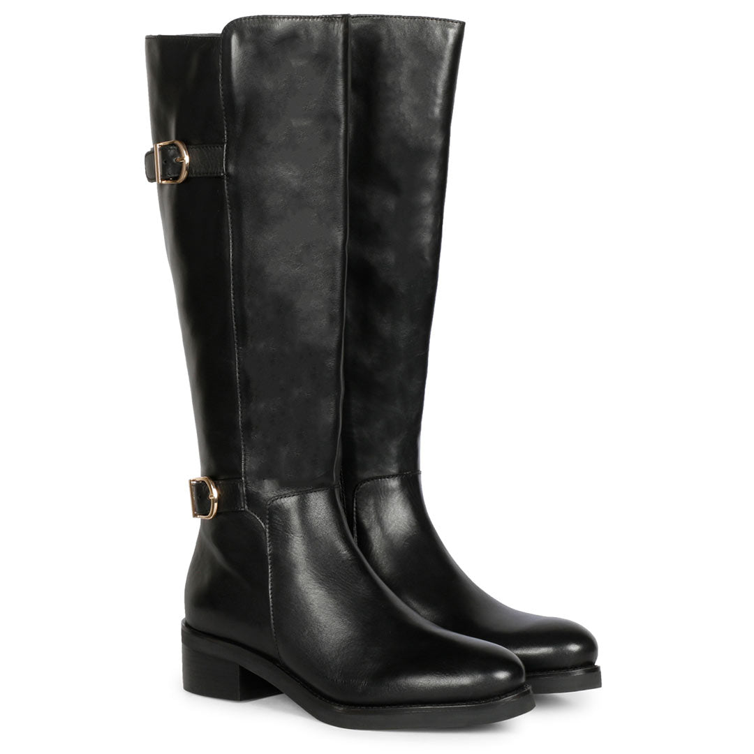 Saint Bijoy Buckle Decorative Black Leather Long Boots