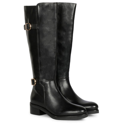 Saint Bijoy Buckle Decorative Black Leather Long Boots