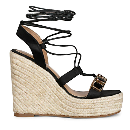 Black Leather Wedges with Glam Stone 
