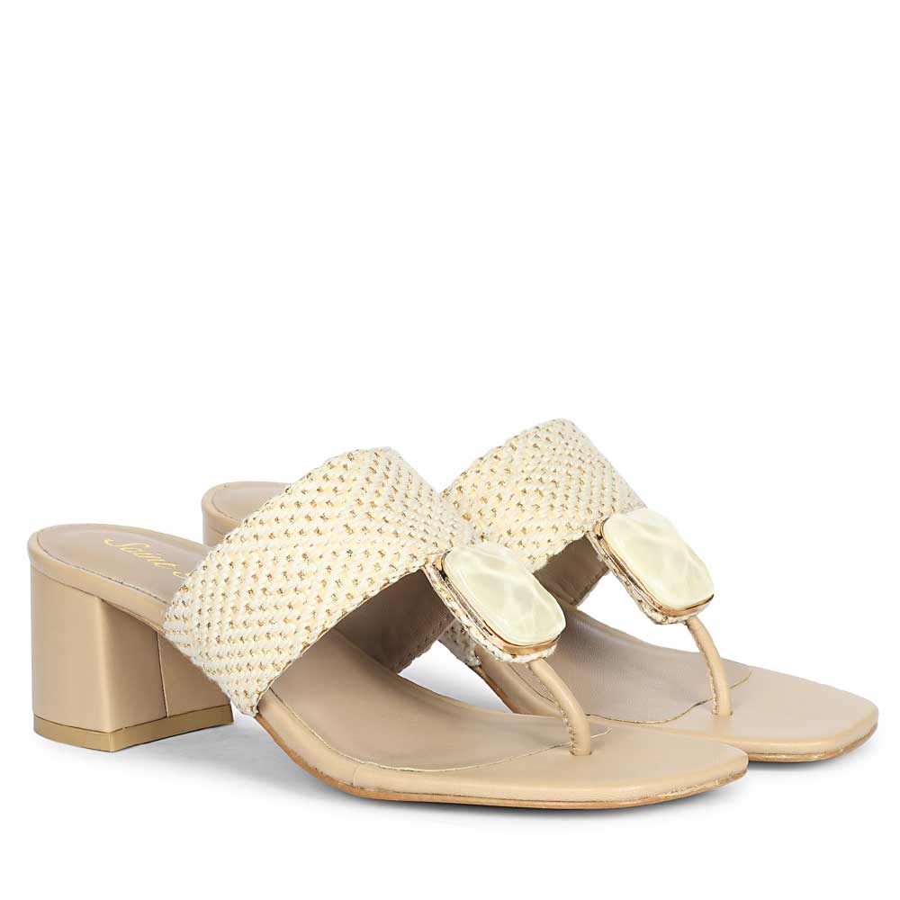 Saint Stevie Stone Jeweled Beige Raffia Block Heels
