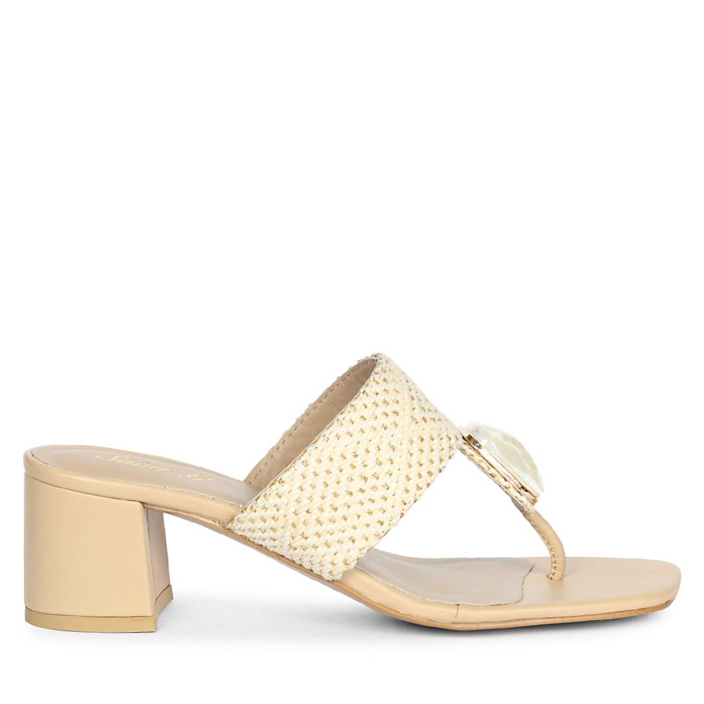 Saint Stevie Stone Jeweled Beige Raffia Block Heels