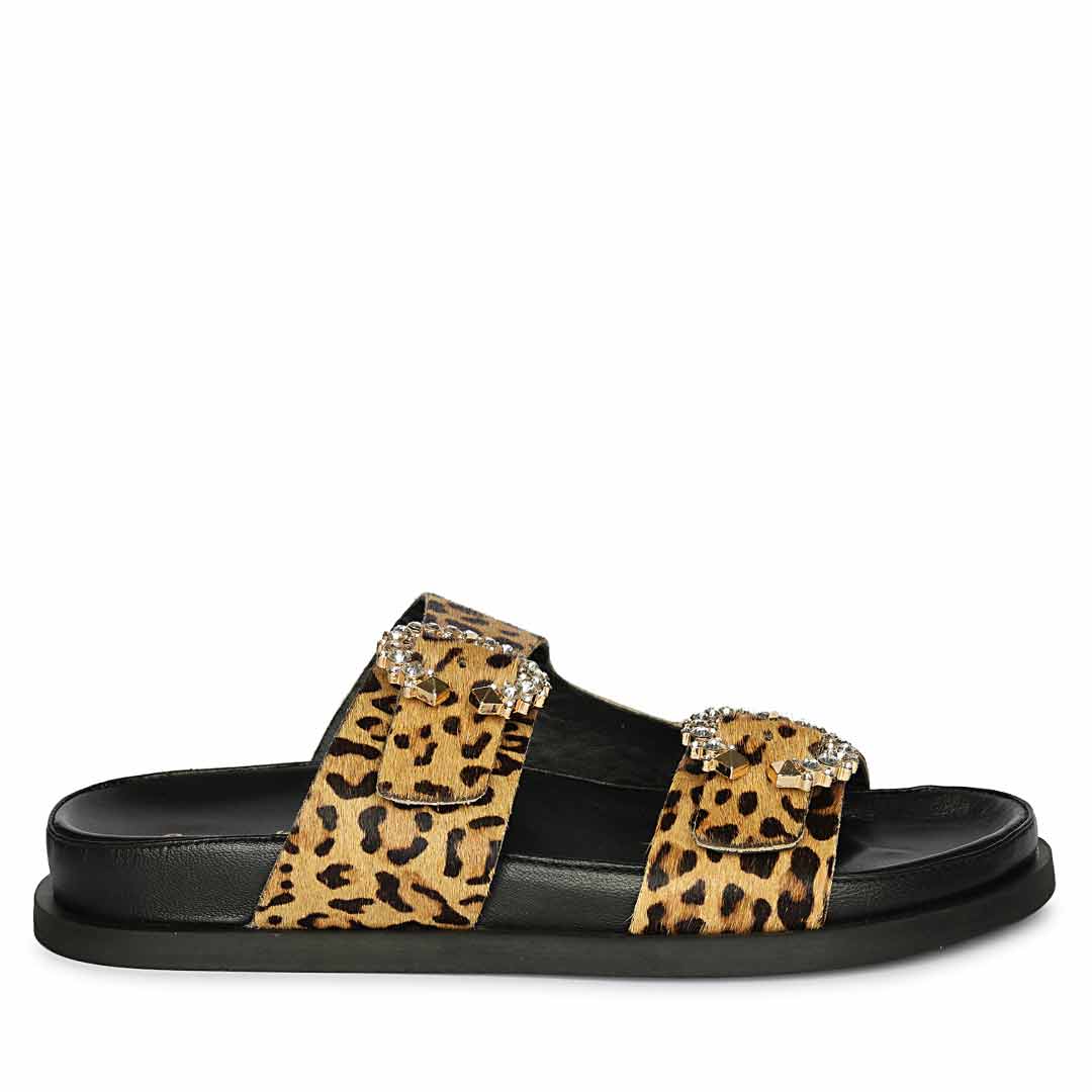 Saint Marta Crystal Buckle Leo Print Hair-On Leather Sandals