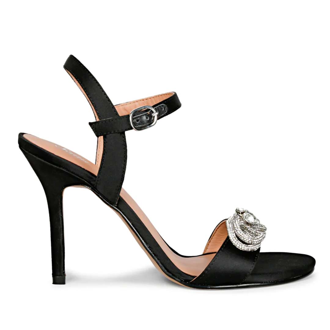 Saint Hayden Crystal Bow Black Leather-Satin Stilettos