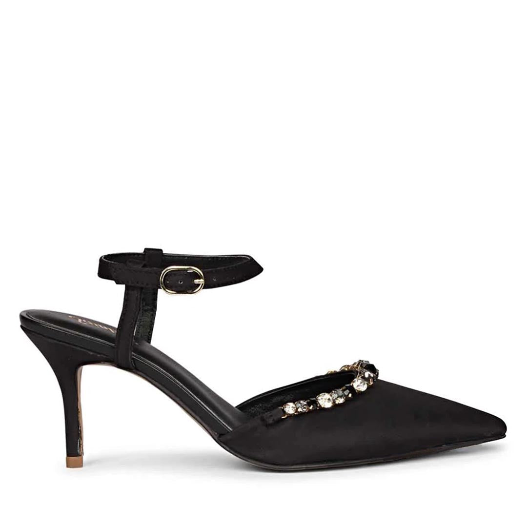 Leila Multi Stone Embellished Black Nylon Fabric Pumps