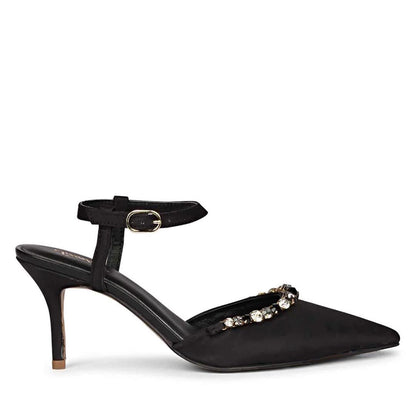 Leila Multi Stone Embellished Black Nylon Fabric Pumps