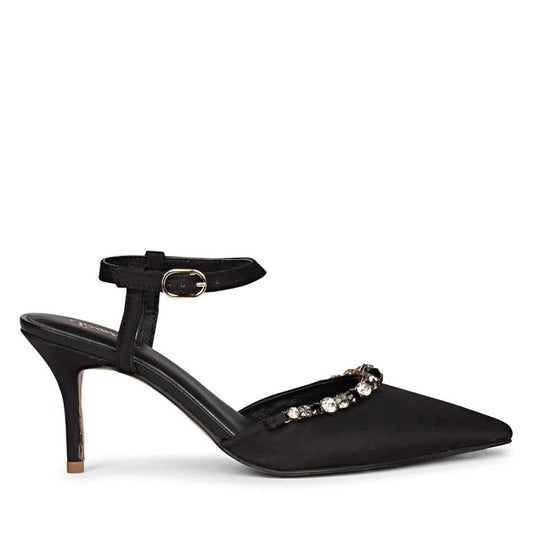 Leila Multi Stone Embellished Black Nylon Fabric Pumps