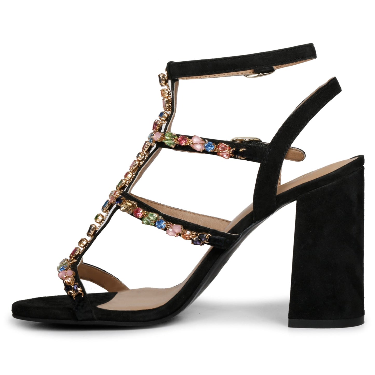 Striking black heels with intricate stone detailing by Saint Gretel.
